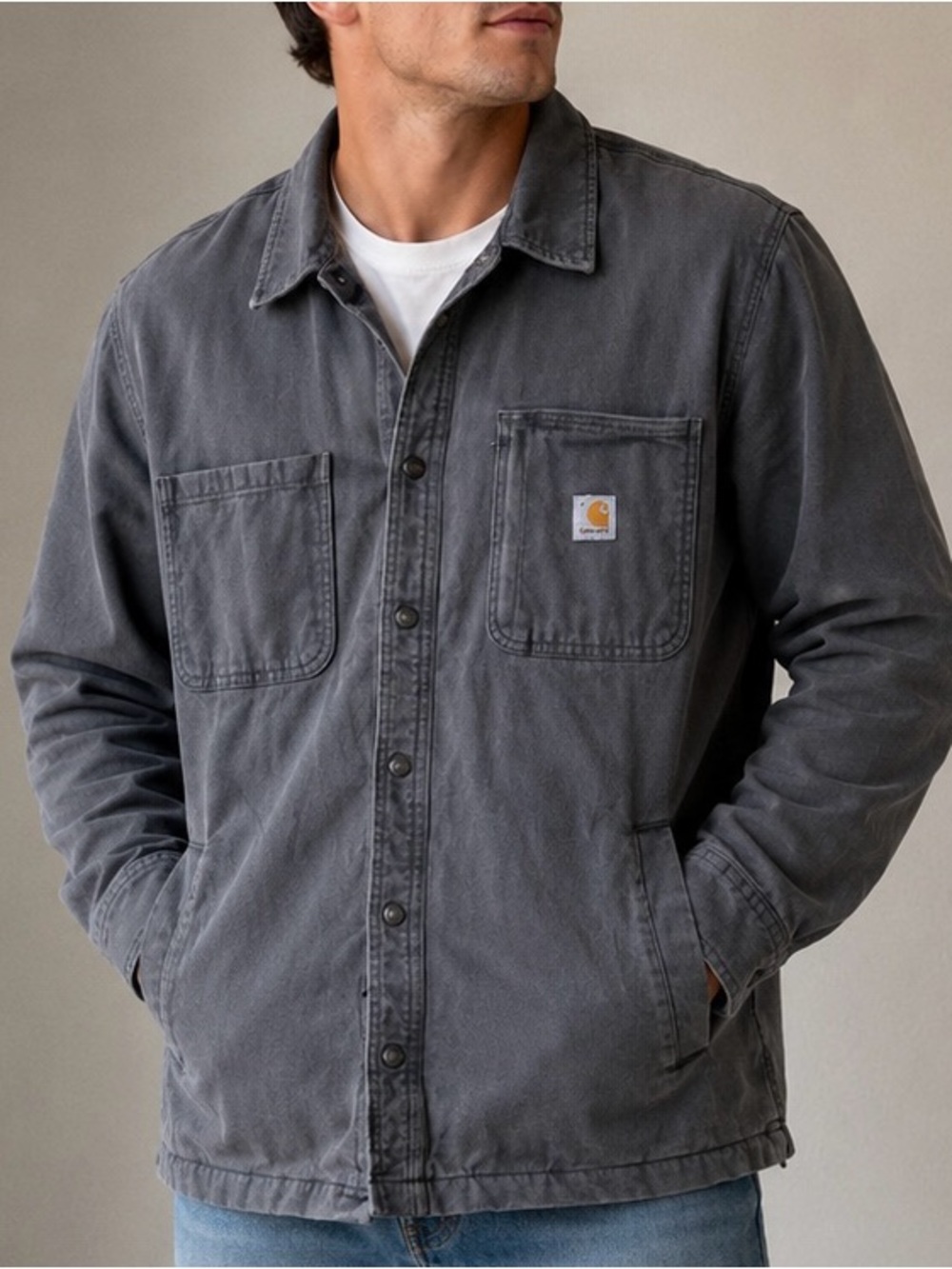 Carhartt Denim Jacket Mens Size XL Gray Fleece Lined With Snap Front 102851